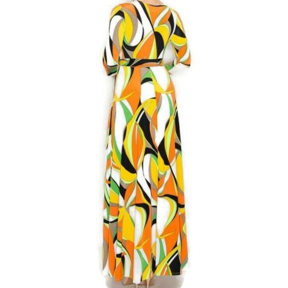 Janette Fashion Seventies Retro Swirl Faux Wrap Maxi Dress - Picture 3 of 4